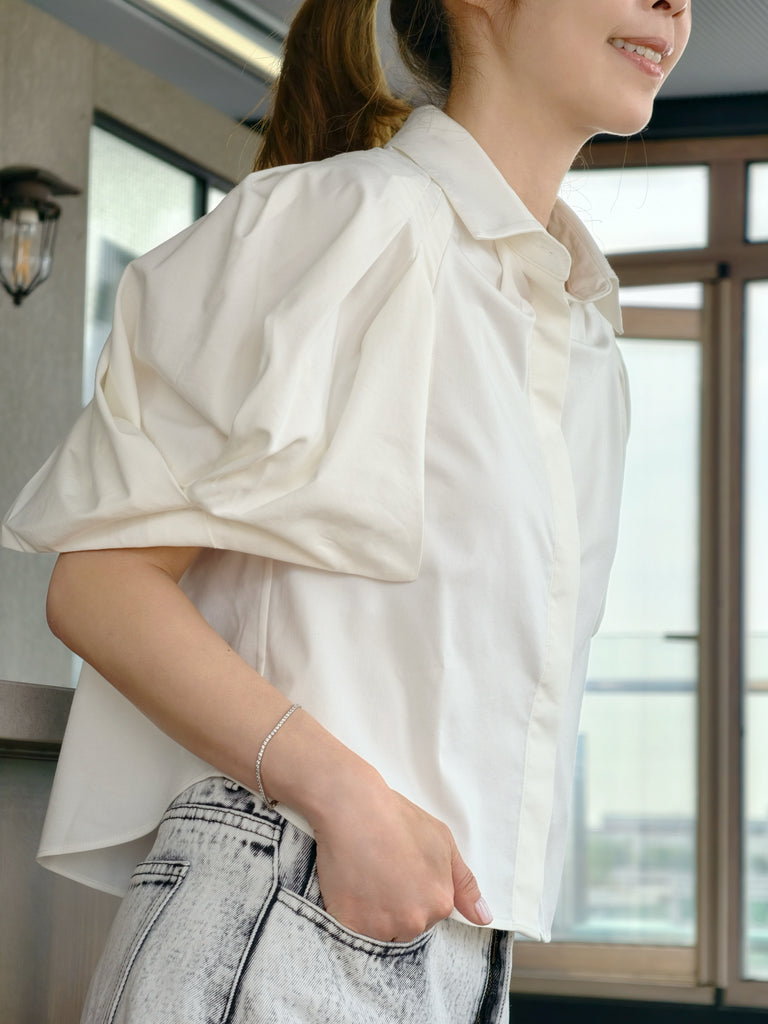 Clean White Sculptural Balloon Sleeve Collared Cotton Shirt