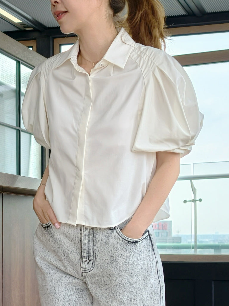 Clean White Sculptural Balloon Sleeve Collared Cotton Shirt