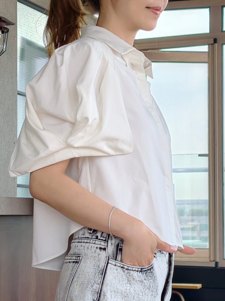 Clean White Sculptural Balloon Sleeve Collared Cotton Shirt