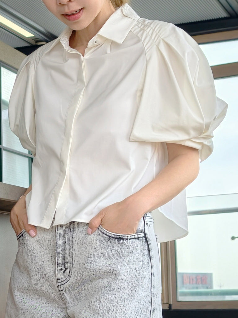 Clean White Sculptural Balloon Sleeve Collared Cotton Shirt