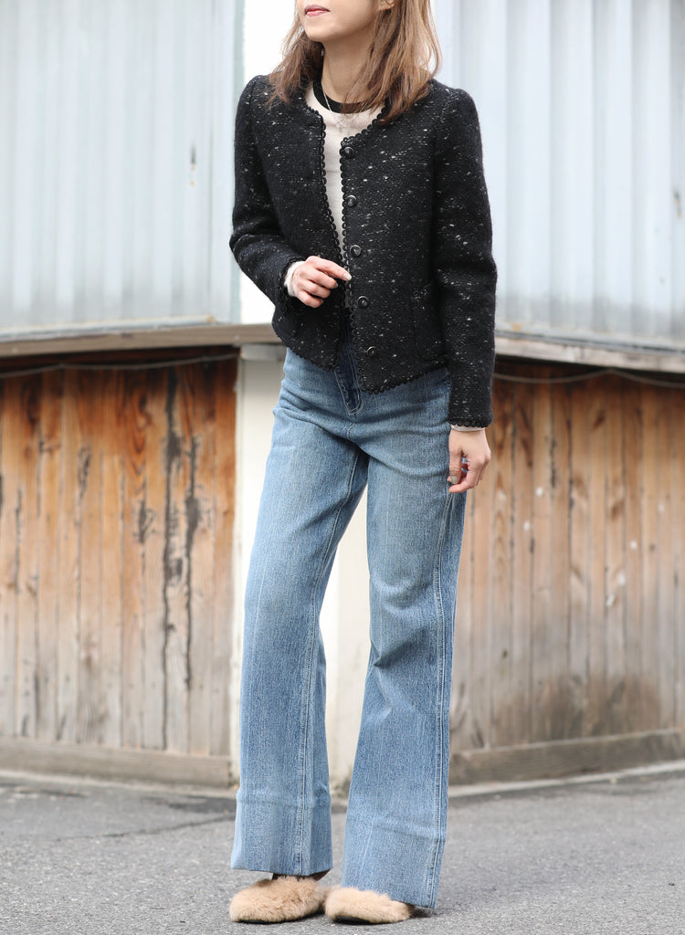 Black Freckle Bouclè Wool Scalloped Trim Patch Pocket Jacket