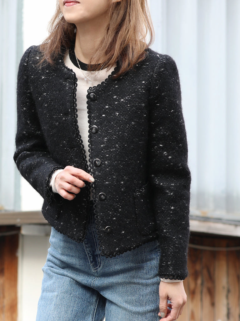 Black Freckle Bouclè Wool Scalloped Trim Patch Pocket Jacket