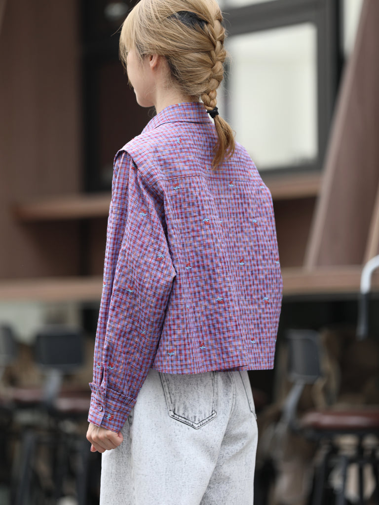 Cherry Embroidered Purple Checked Two-Way Button-Shoulder Shirt