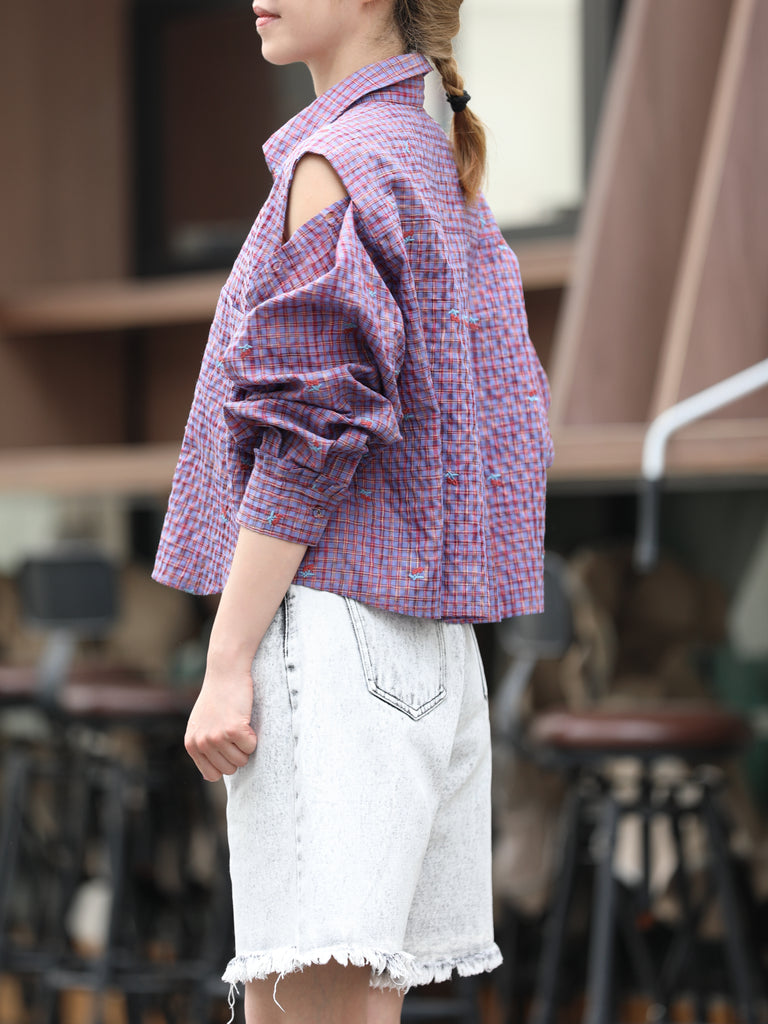 Cherry Embroidered Purple Checked Two-Way Button-Shoulder Shirt