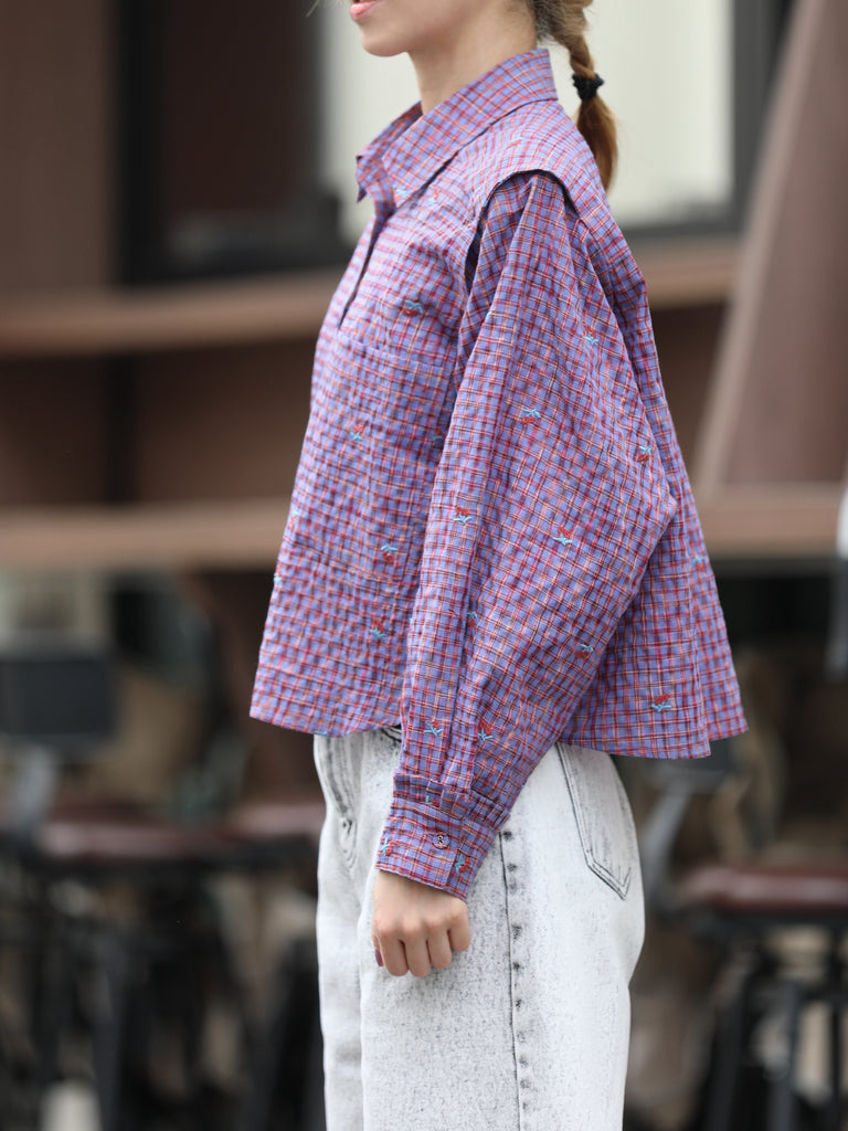 Cherry Embroidered Purple Checked Two-Way Button-Shoulder Shirt