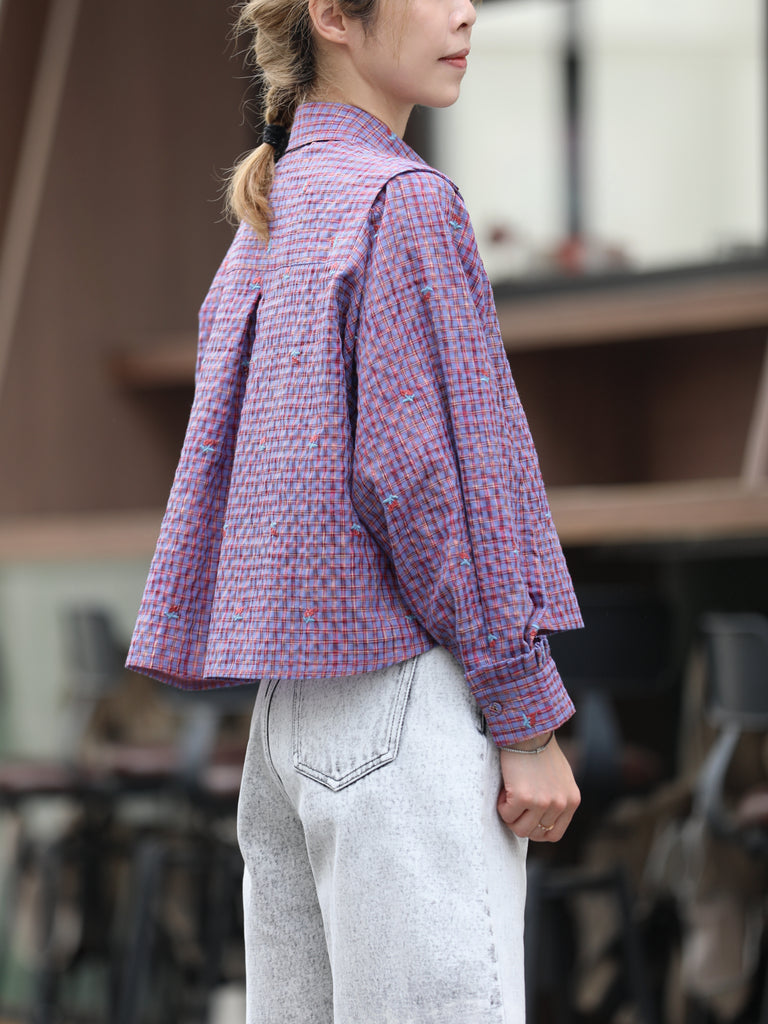 Cherry Embroidered Purple Checked Two-Way Button-Shoulder Shirt