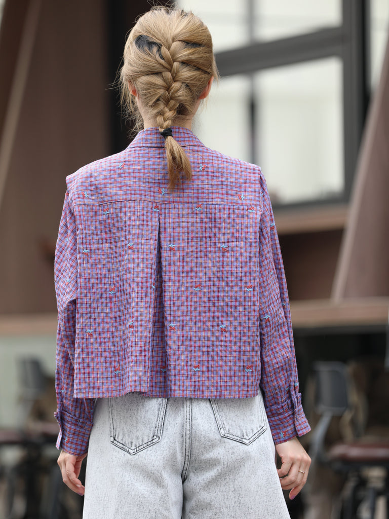 Cherry Embroidered Purple Checked Two-Way Button-Shoulder Shirt