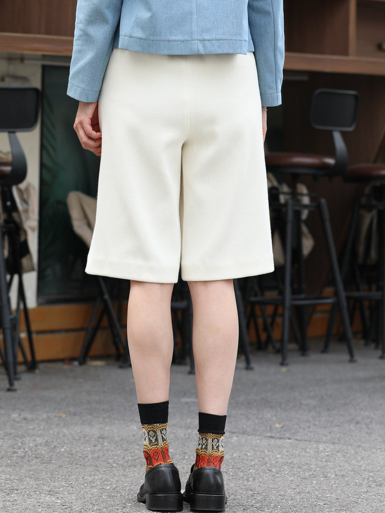 Ivory Silk Scarf Belted Tailored Knee-Length Shorts