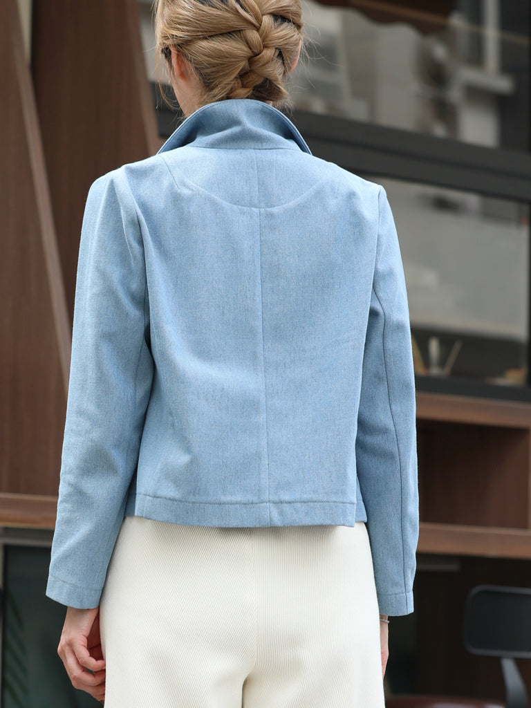 Vintage Washed Blue Petaline Lapel Tailored Denim Jacket