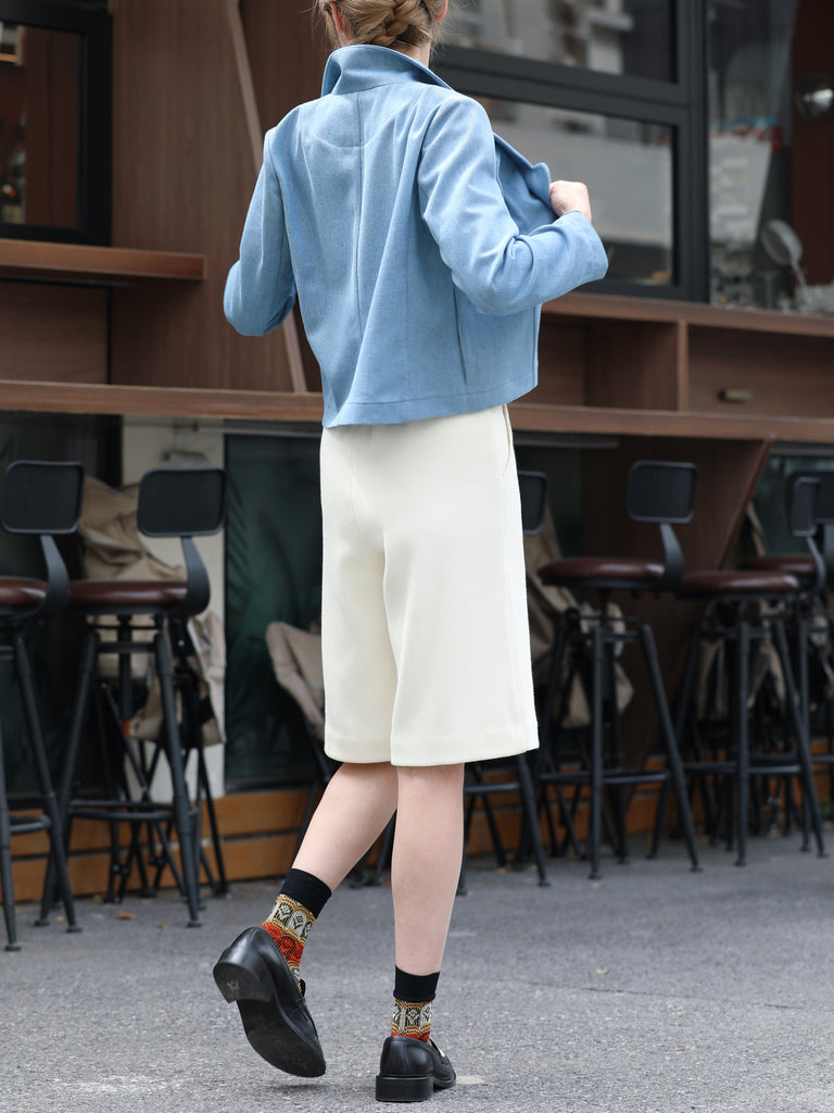 Ivory Silk Scarf Belted Tailored Knee-Length Shorts