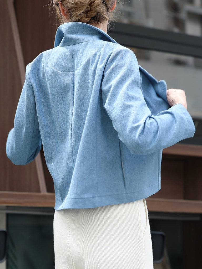 Vintage Washed Blue Petaline Lapel Tailored Denim Jacket