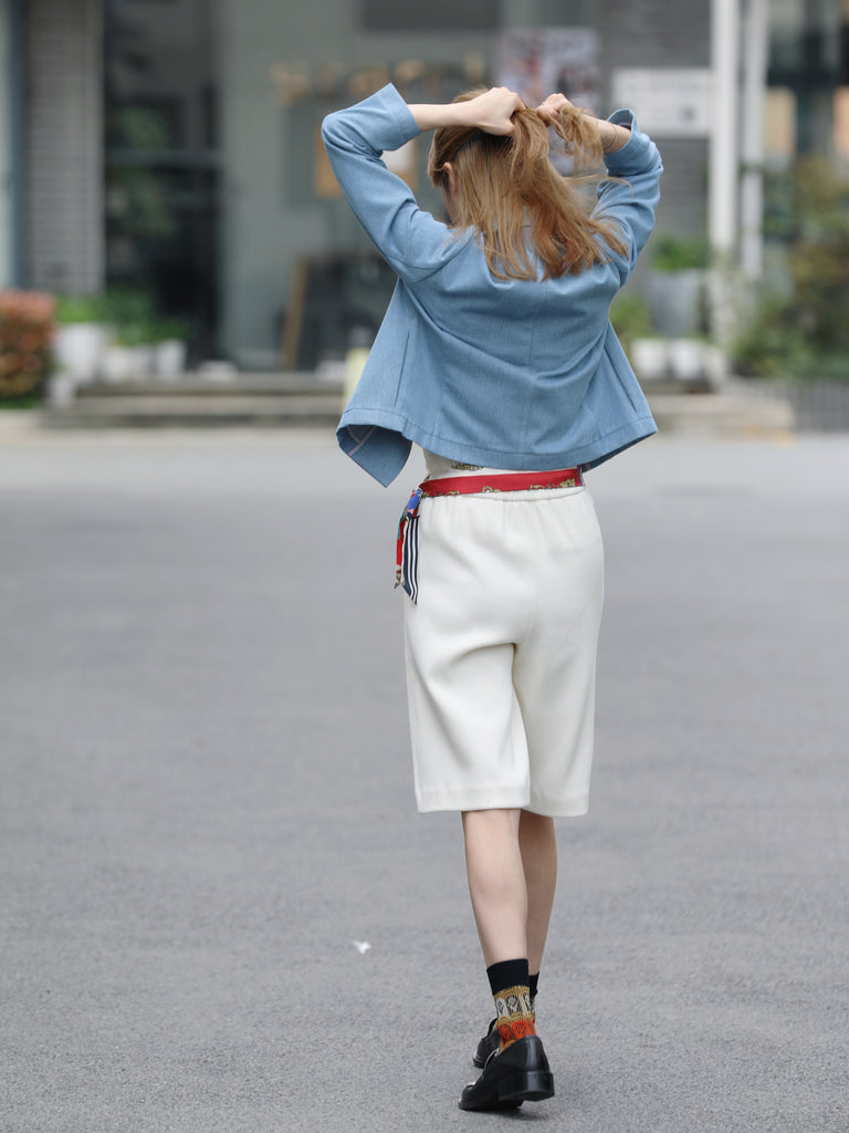 Ivory Silk Scarf Belted Tailored Knee-Length Shorts