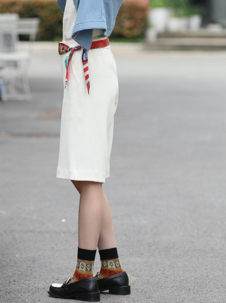 Ivory Silk Scarf Belted Tailored Knee-Length Shorts