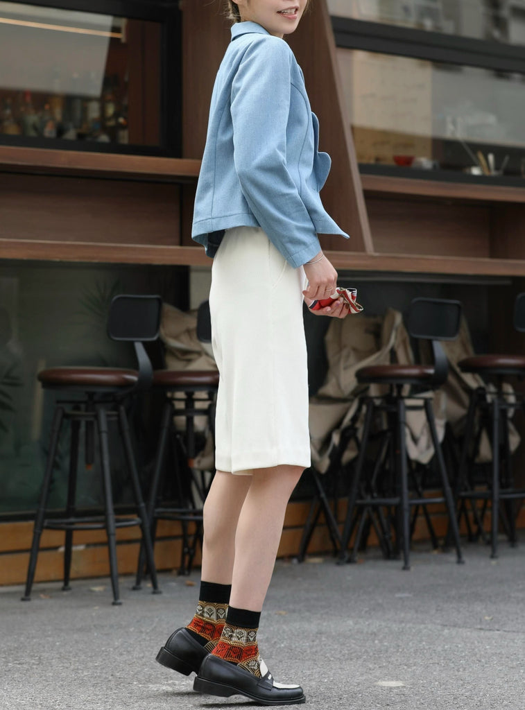 Ivory Silk Scarf Belted Tailored Knee-Length Shorts