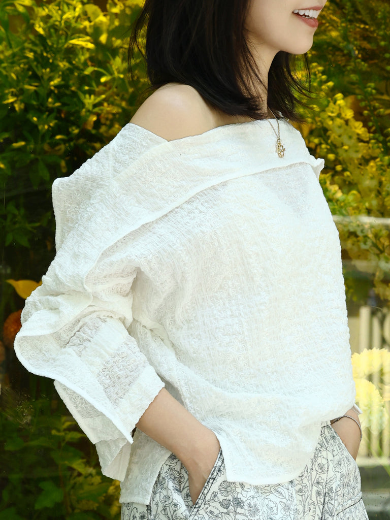 White Crinkled Off-Shoulder Ruffle Trim Blouse