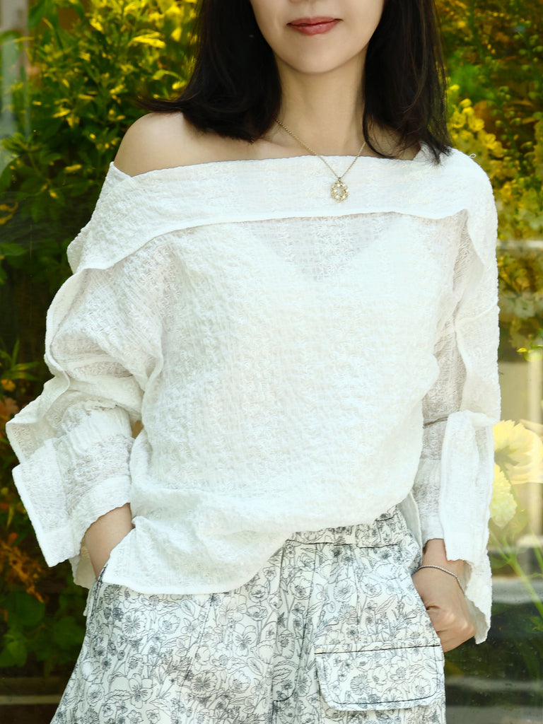 White Crinkled Off-Shoulder Ruffle Trim Blouse