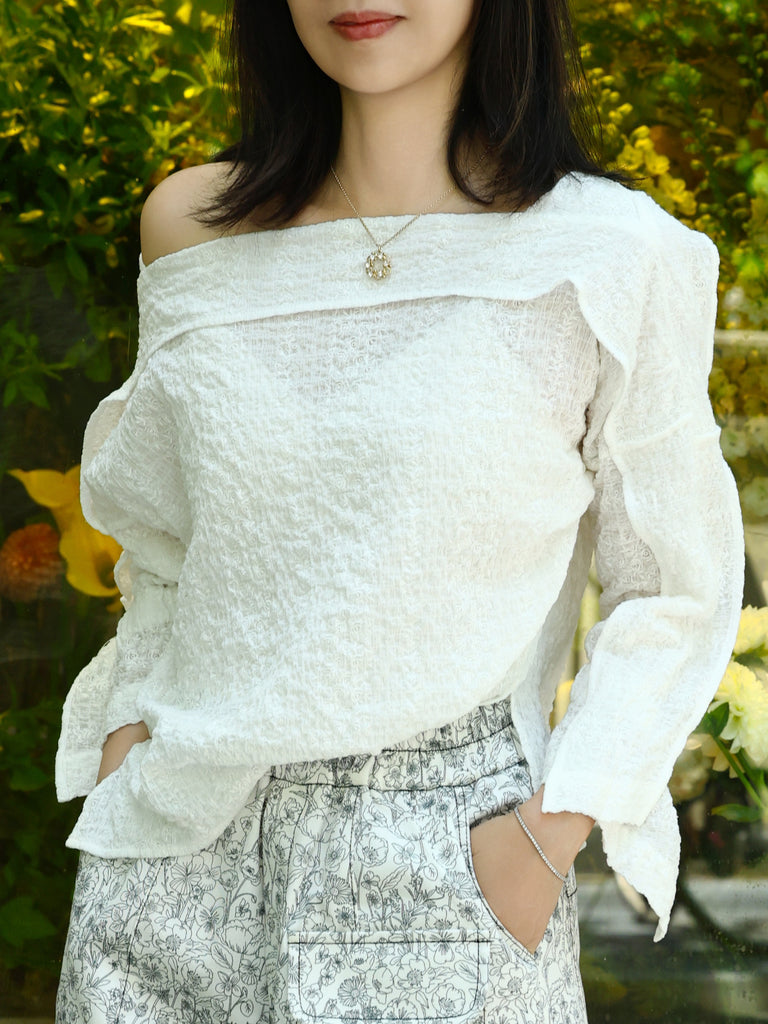 White Crinkled Off-Shoulder Ruffle Trim Blouse