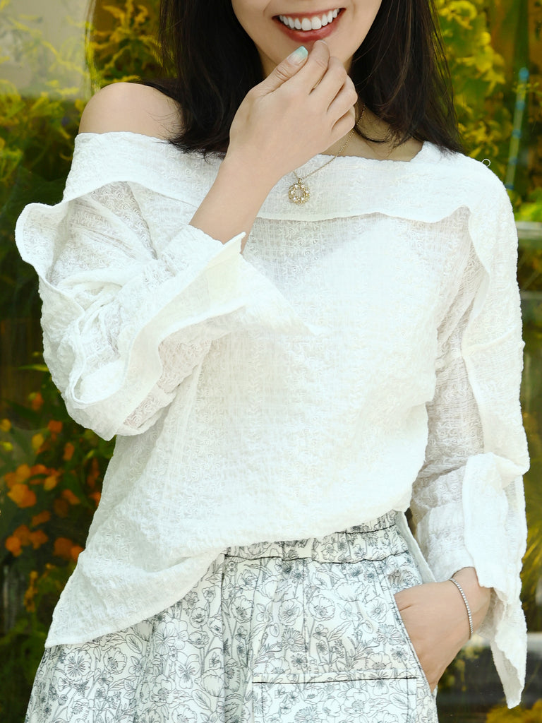 White Crinkled Off-Shoulder Ruffle Trim Blouse