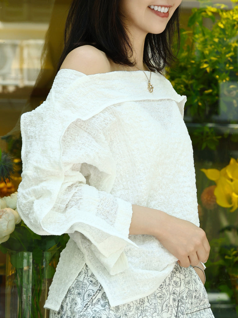 White Crinkled Off-Shoulder Ruffle Trim Blouse