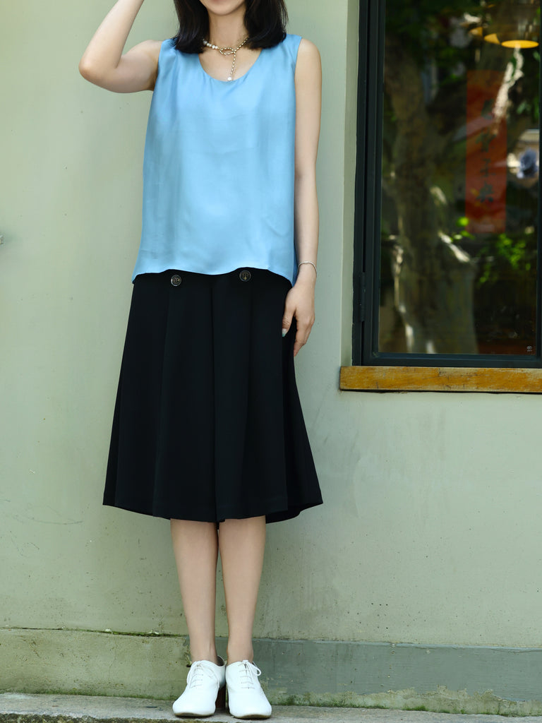 Black Double-Breasted Pleated Knee-Length Skirt