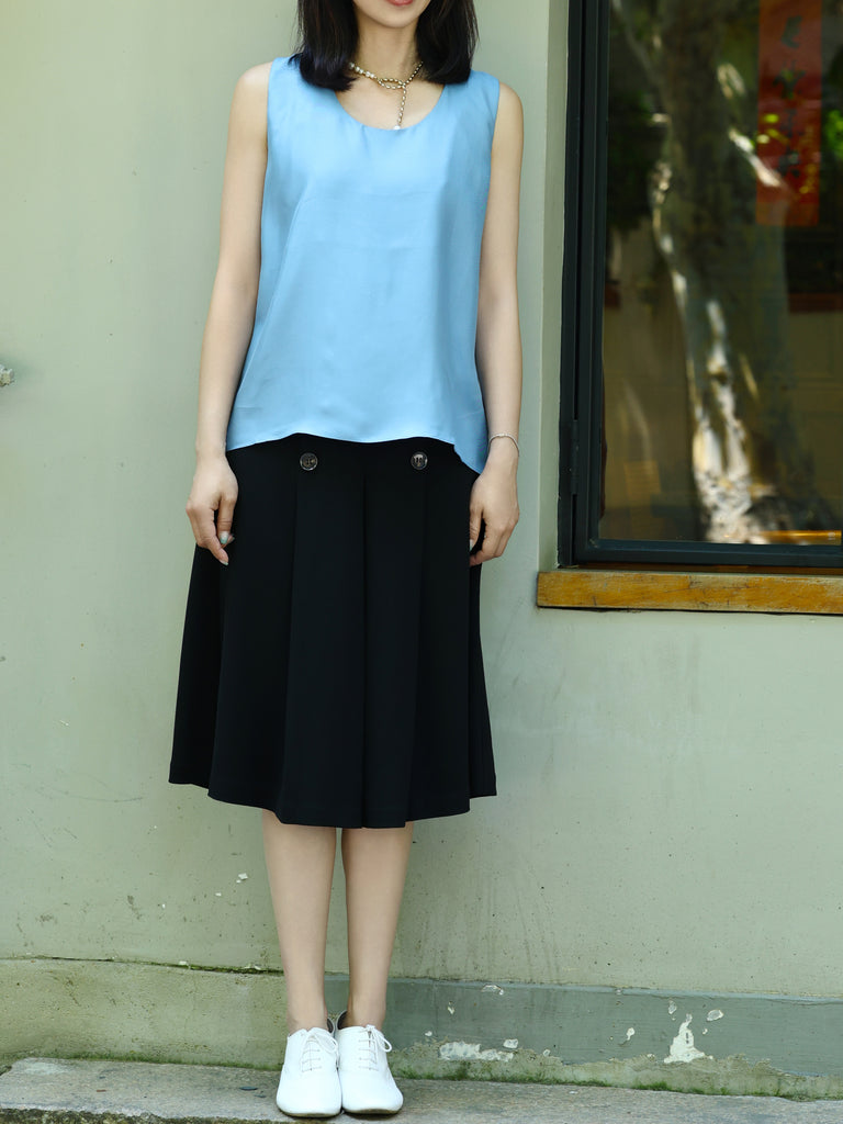 Black Double-Breasted Pleated Knee-Length Skirt