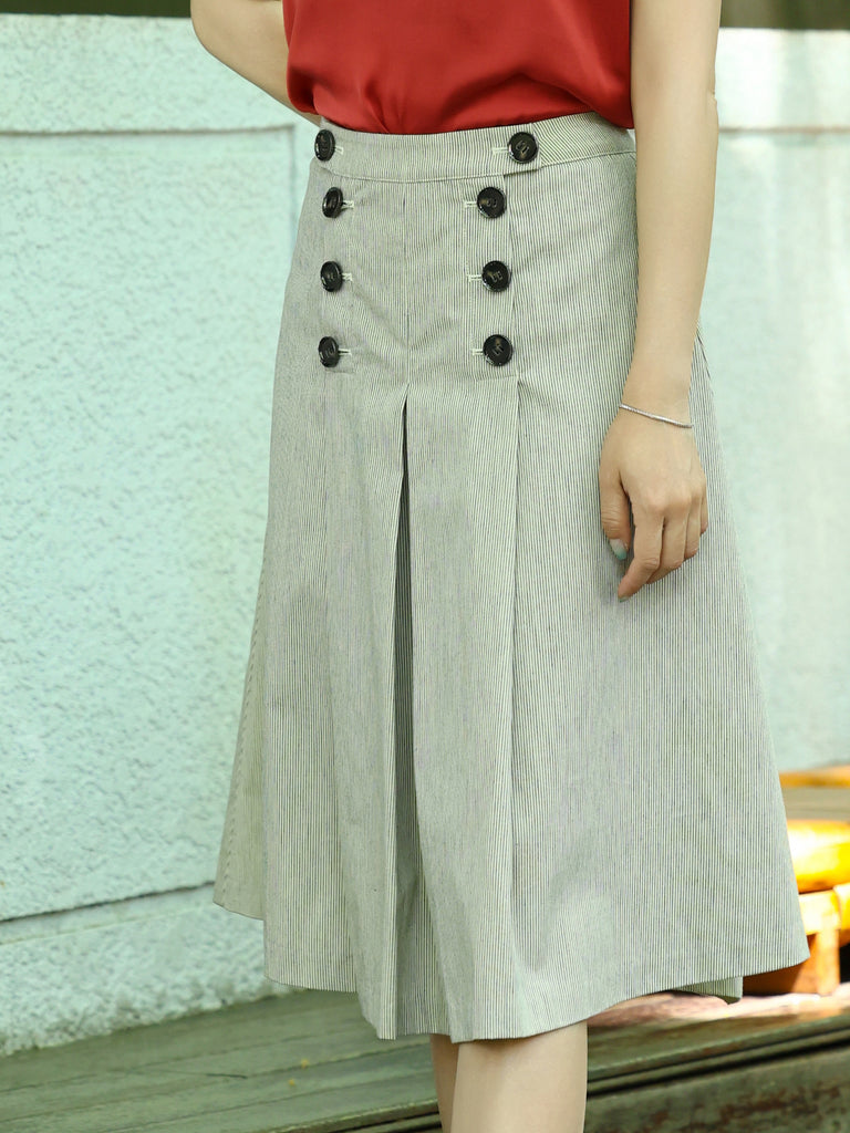 Striped Double-Breasted Pleated Knee-Length Skirt