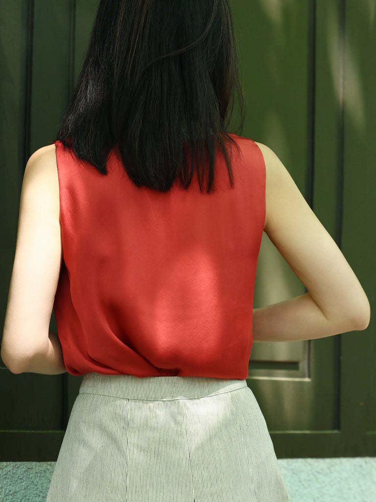 Rust Red Round Neck Breezy Silk Tank