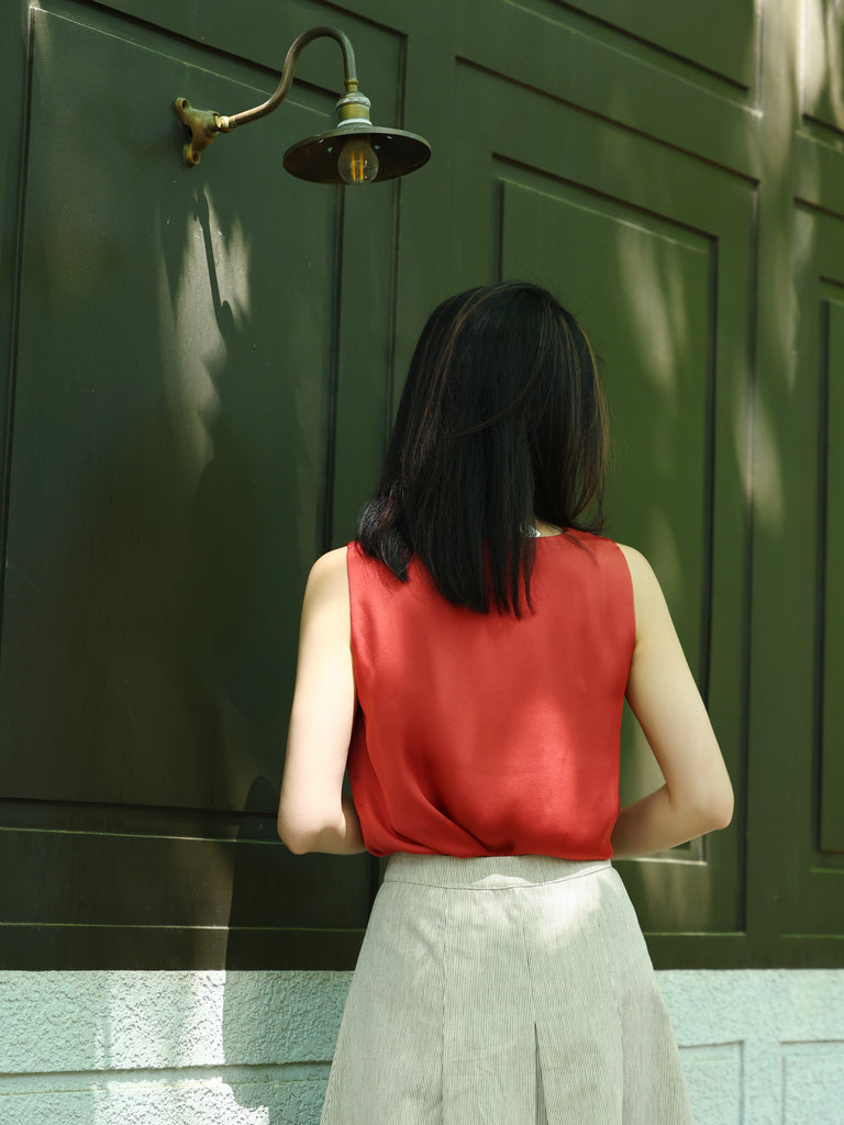 Rust Red Round Neck Breezy Silk Tank