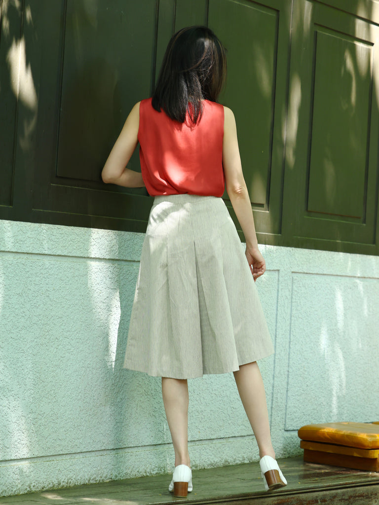 Striped Double-Breasted Pleated Knee-Length Skirt