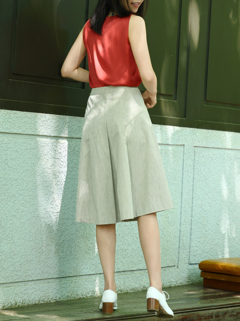 Striped Double-Breasted Pleated Knee-Length Skirt