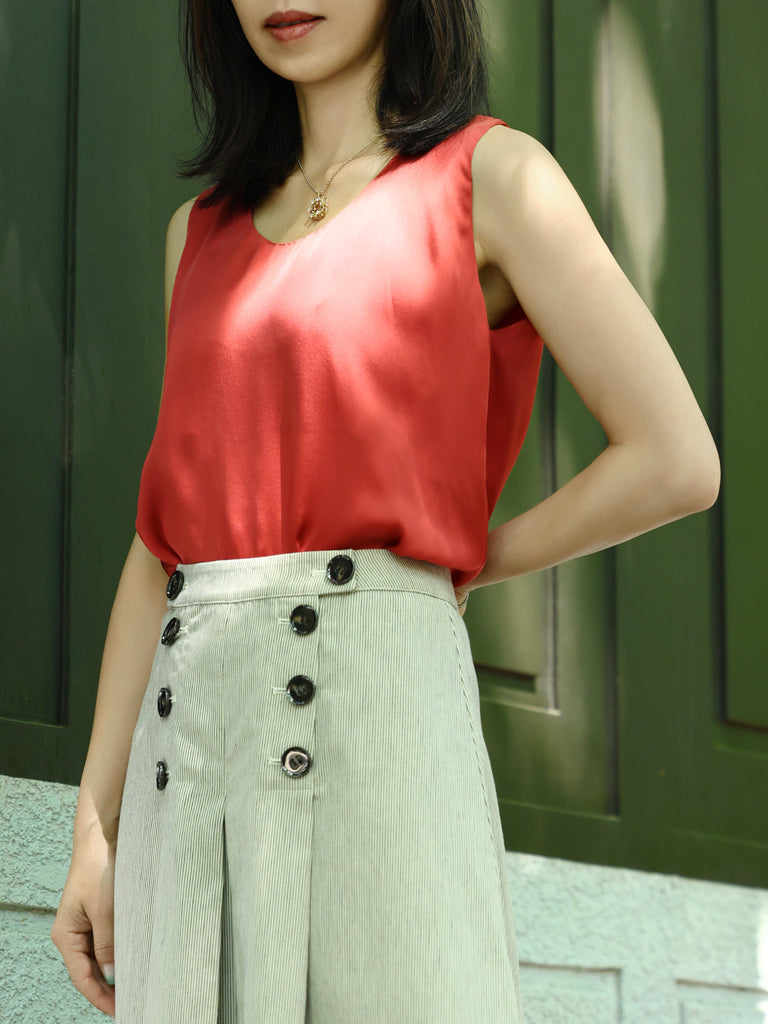 Rust Red Round Neck Breezy Silk Tank