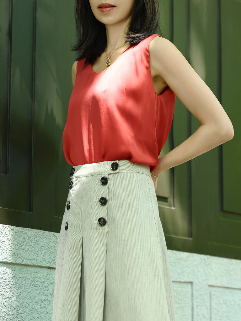 Striped Double-Breasted Pleated Knee-Length Skirt