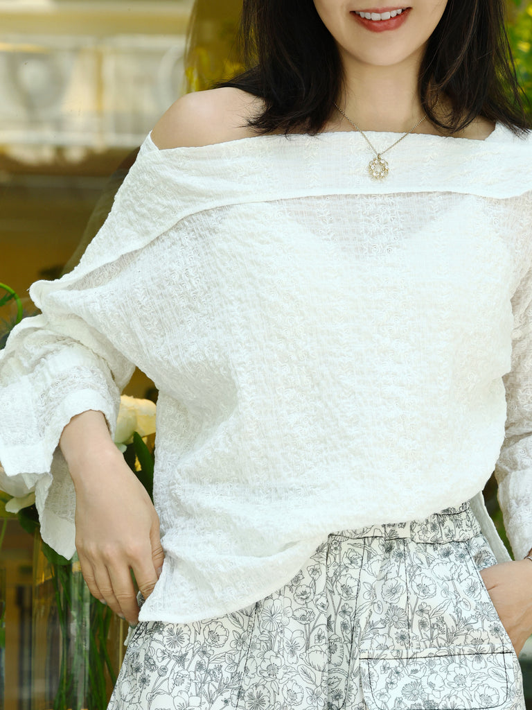 White Crinkled Off-Shoulder Ruffle Trim Blouse