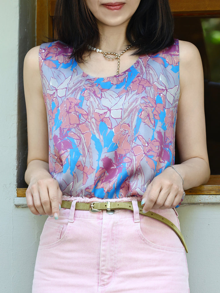 Blue Floral Round Neck Breezy Silk Tank