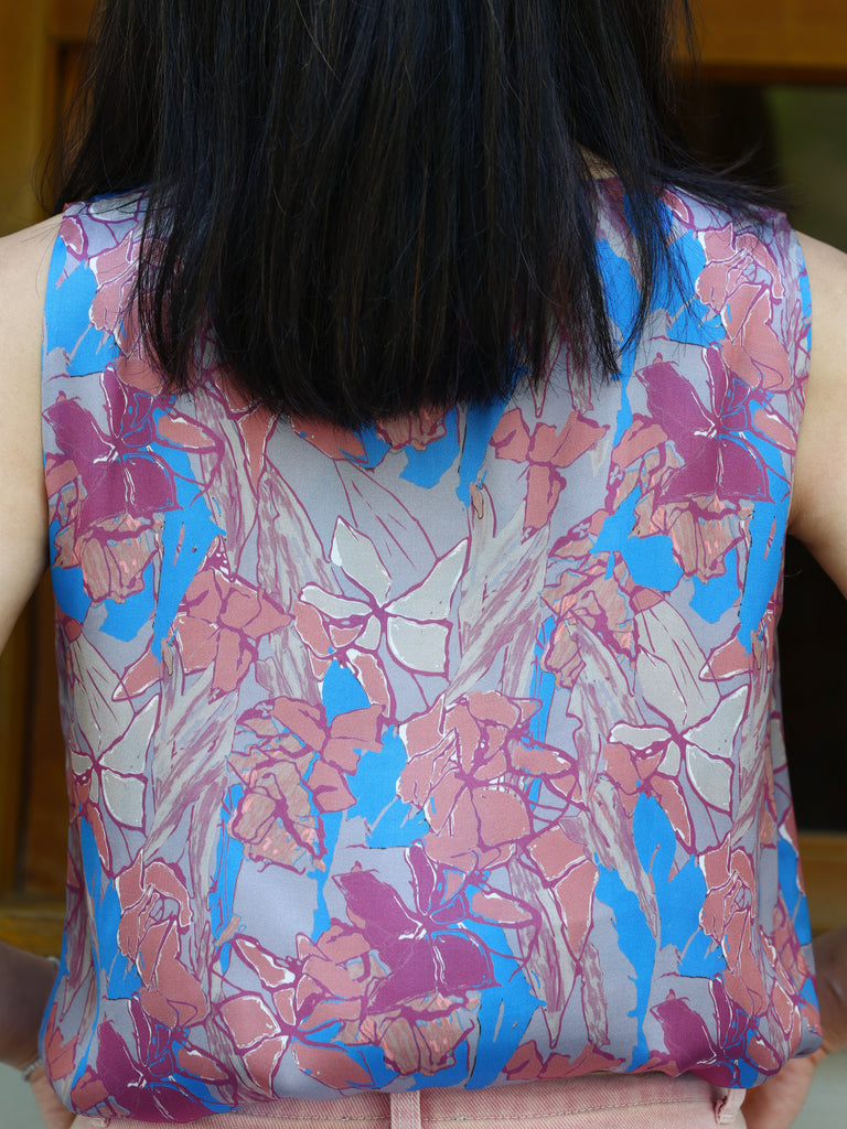 Blue Floral Round Neck Breezy Silk Tank