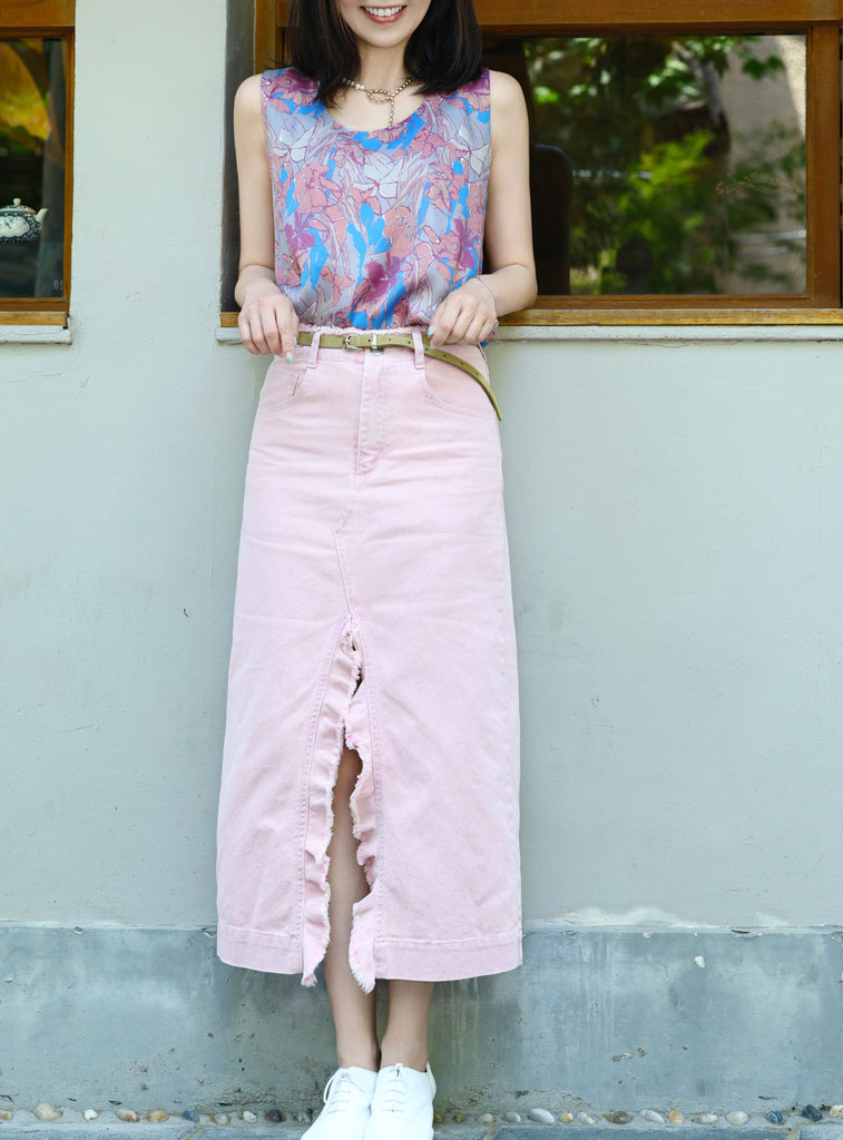 Blue Floral Round Neck Breezy Silk Tank