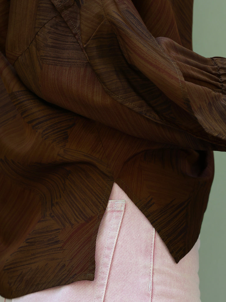 Earthy Brushstroke Off-Shoulder Ruffle Trim Blouse