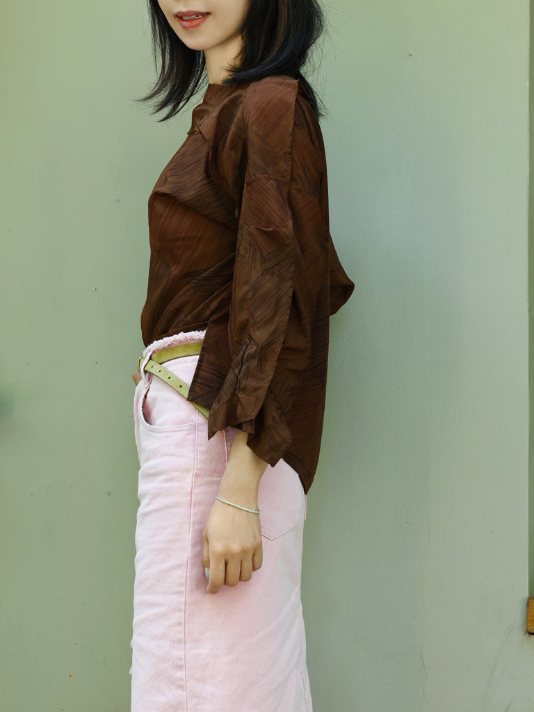 Earthy Brushstroke Off-Shoulder Ruffle Trim Blouse