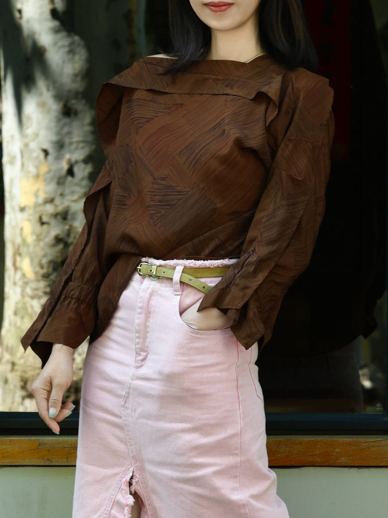 Earthy Brushstroke Off-Shoulder Ruffle Trim Blouse