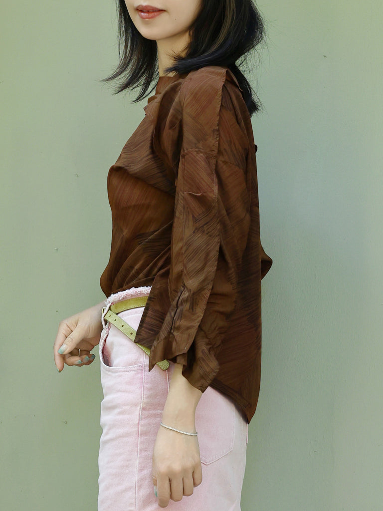 Earthy Brushstroke Off-Shoulder Ruffle Trim Blouse