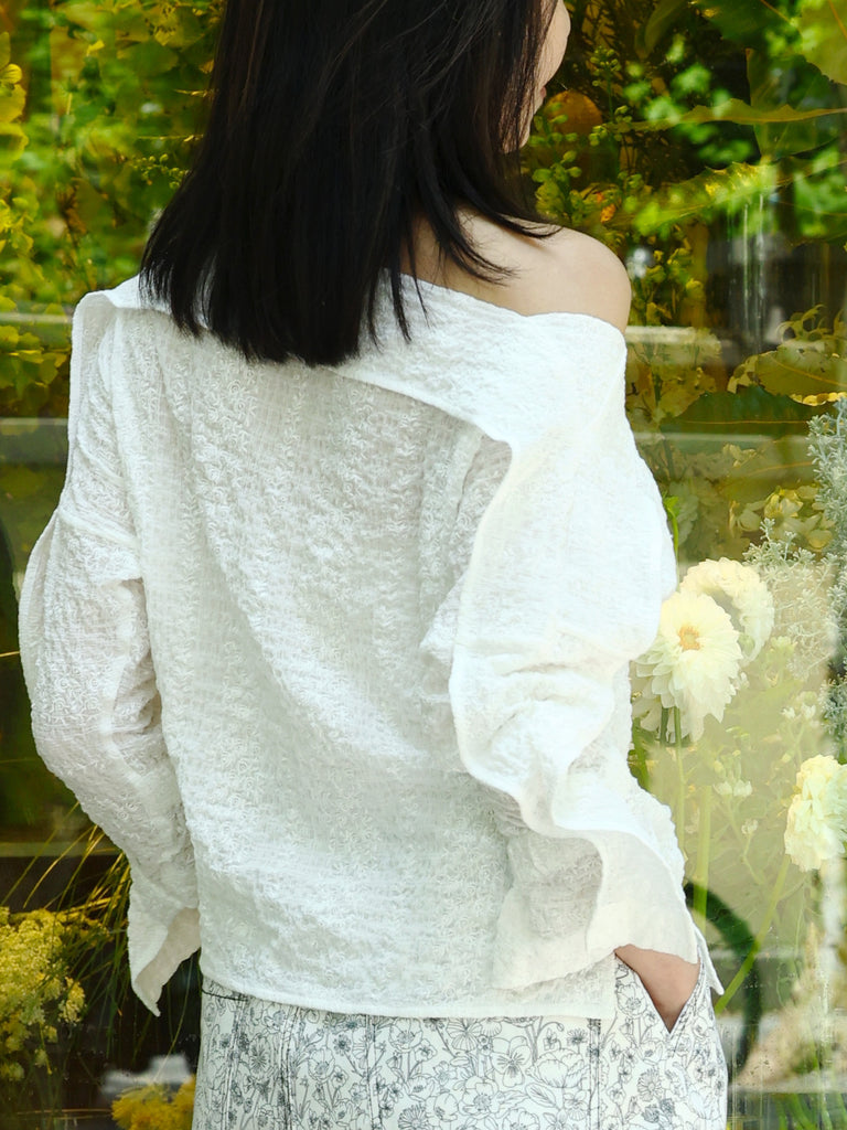 White Crinkled Off-Shoulder Ruffle Trim Blouse