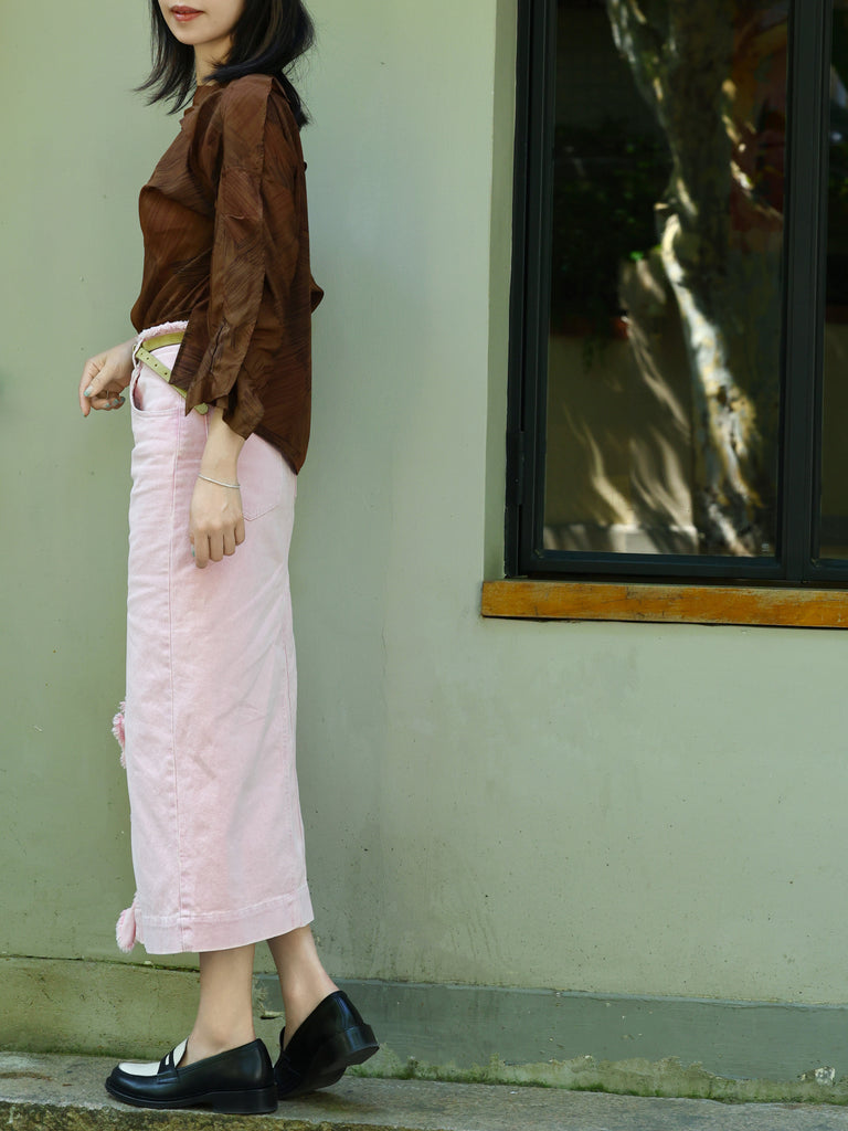 Earthy Brushstroke Off-Shoulder Ruffle Trim Blouse