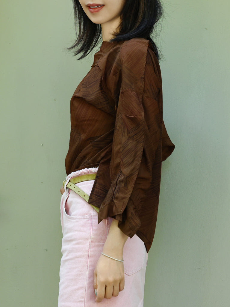 Earthy Brushstroke Off-Shoulder Ruffle Trim Blouse