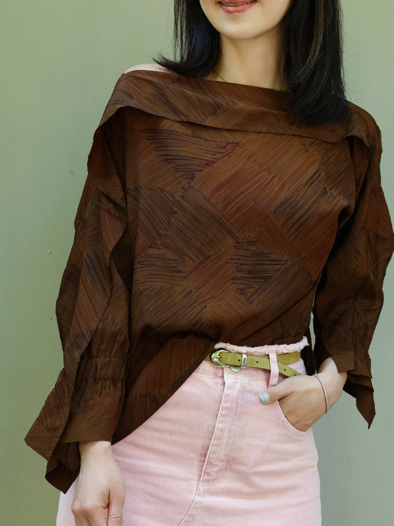 Earthy Brushstroke Off-Shoulder Ruffle Trim Blouse