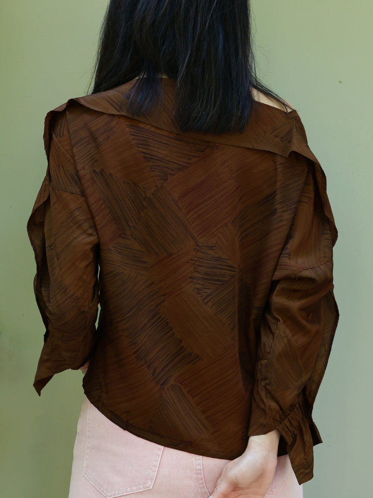 Earthy Brushstroke Off-Shoulder Ruffle Trim Blouse