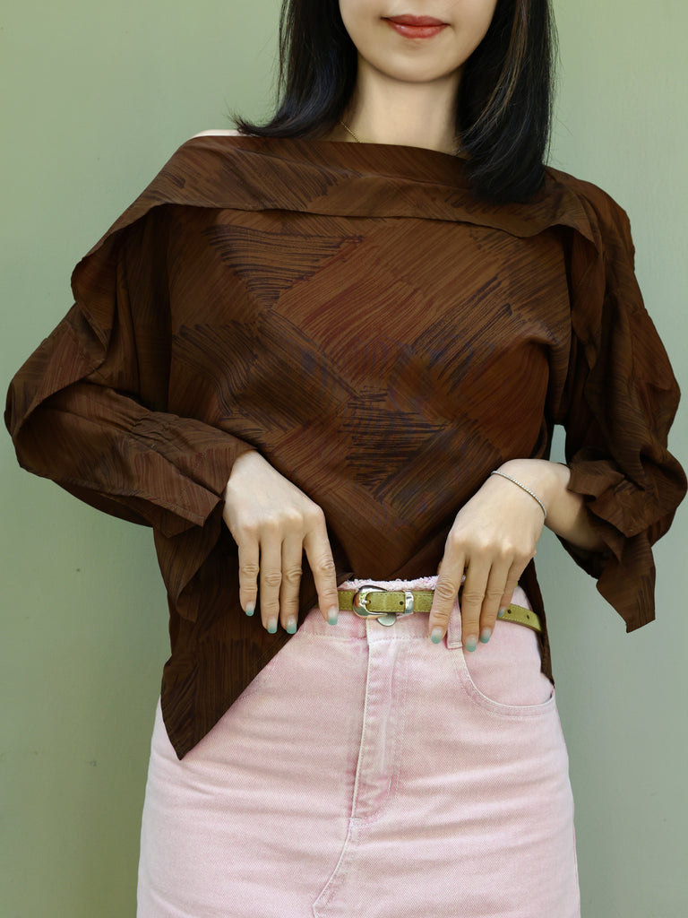 Earthy Brushstroke Off-Shoulder Ruffle Trim Blouse