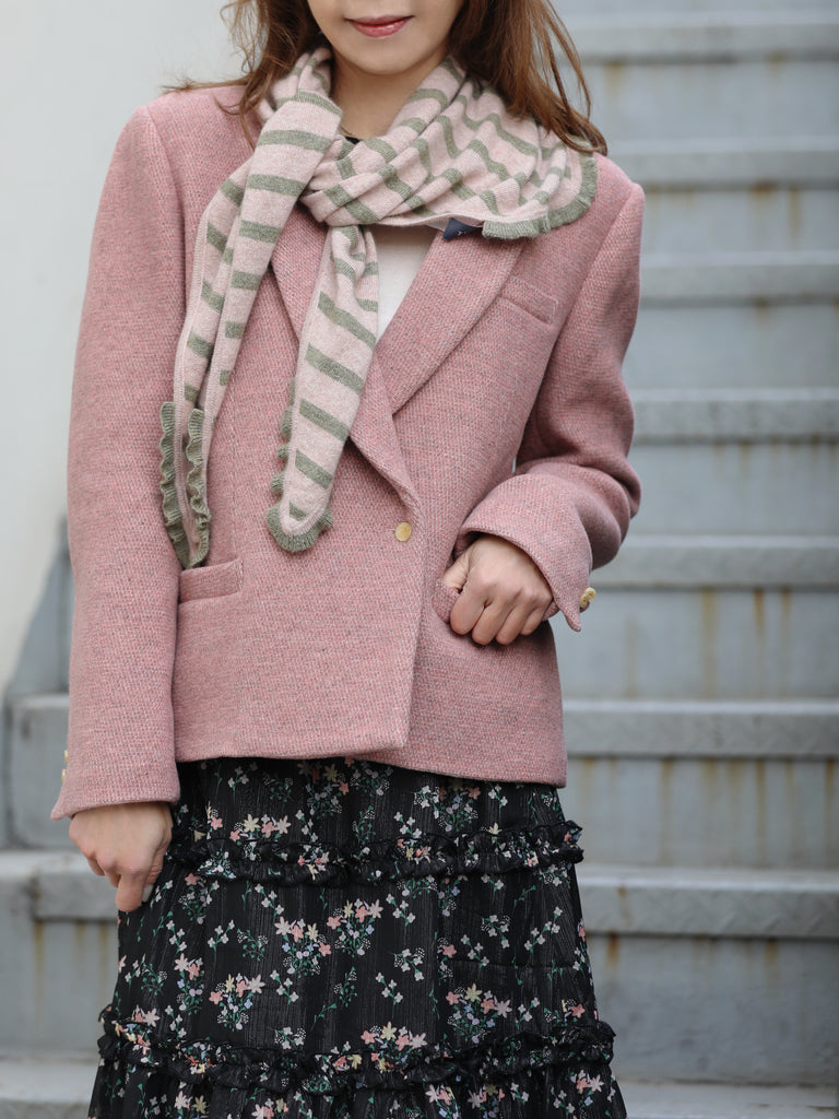 Sage/ Blush Stripe Ruffle Trim Triangle Cashmere Wool Scarf