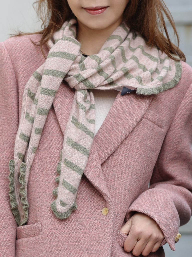 Sage/ Blush Stripe Ruffle Trim Triangle Cashmere Wool Scarf