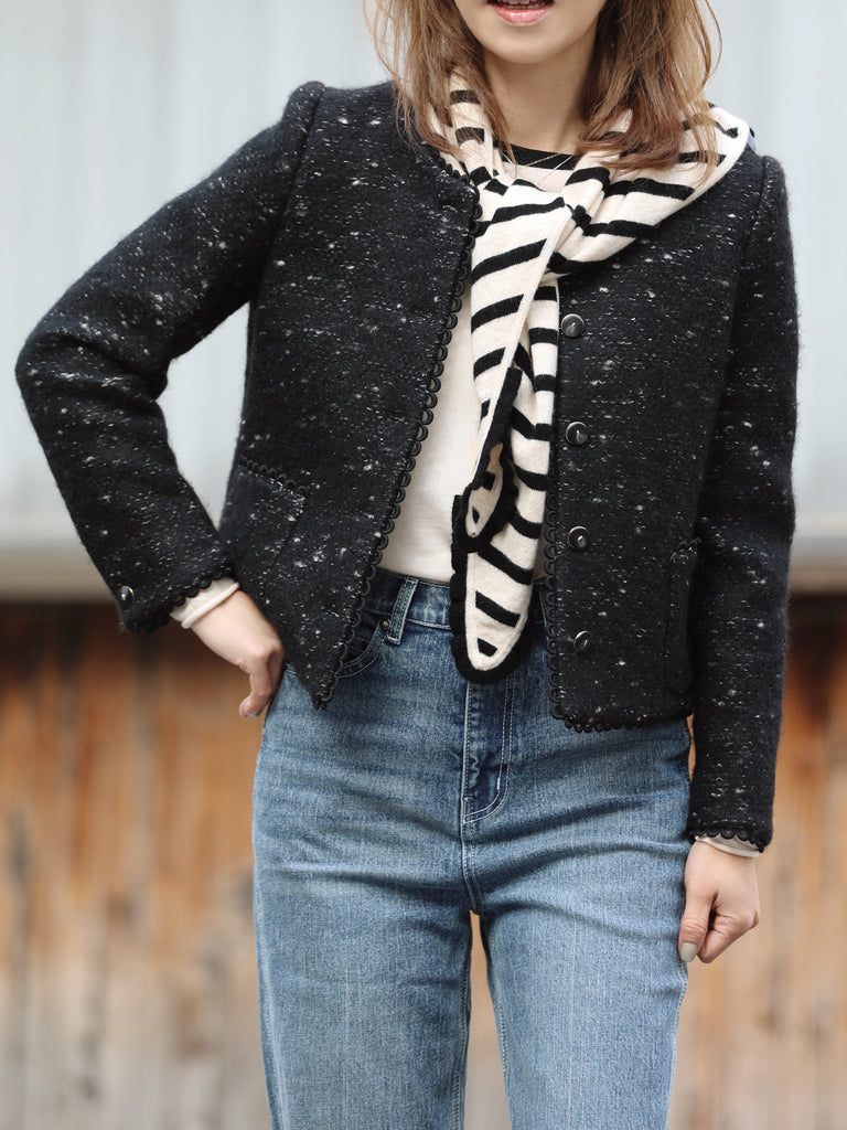 Black Freckle Bouclè Wool Scalloped Trim Patch Pocket Jacket