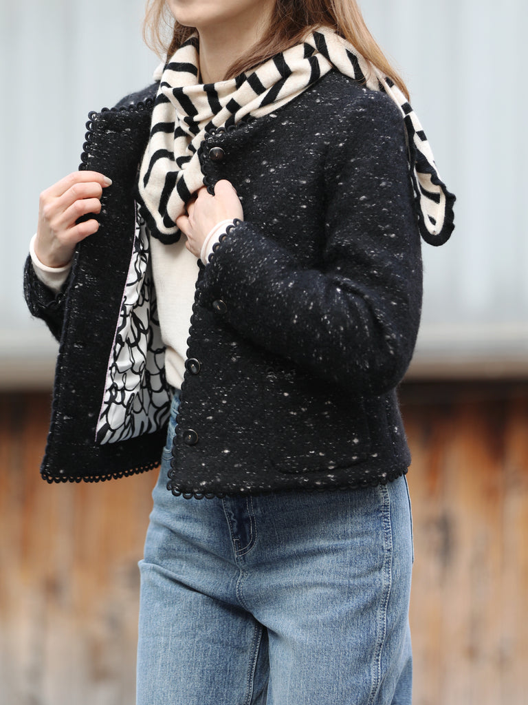 Navy/ White Stripe Ruffle Trim Triangle Cashmere Wool Scarf